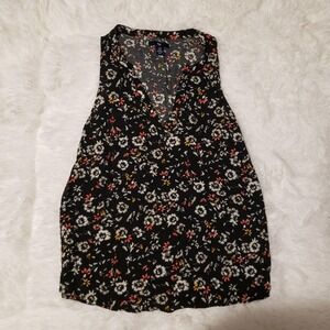Gap Black Floral Print V Neck Tank‎ Top Women's Size XS